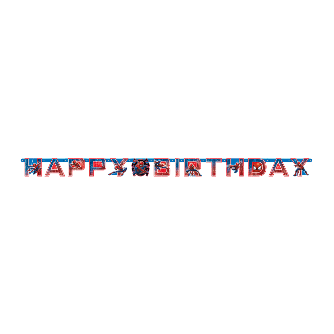Red and blue Spider-Man happy birthday banner for kids birthday from Parte Haus party supply store in Bethesda MD.