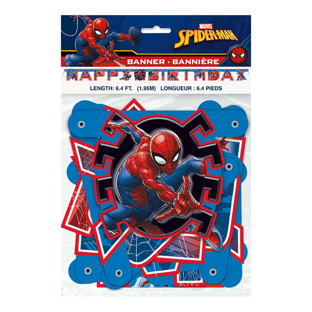 Red blue Spider-Man birthday banner with web design for superhero party from Parte Haus party supply store in Bethesda MD