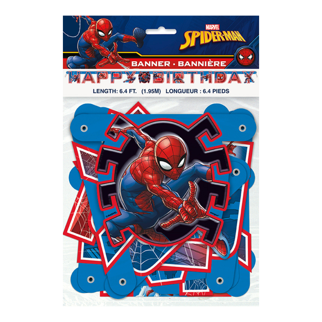 Red blue Spider-Man birthday banner with web design for superhero party from Parte Haus party supply store in Bethesda MD