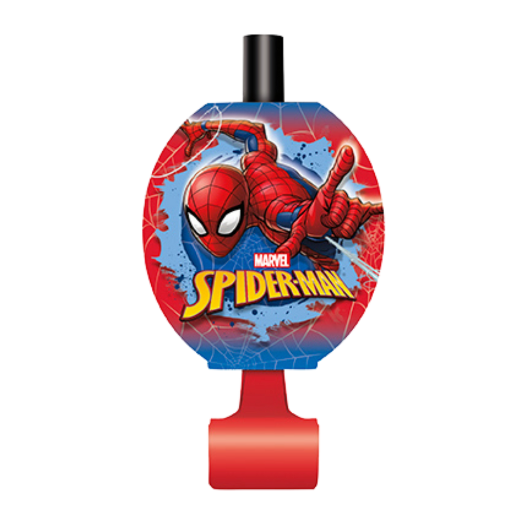 Red blue Spider Man blowout noisemaker with web and hero print for birthday from Parte Haus party supply store in Bethesda MD