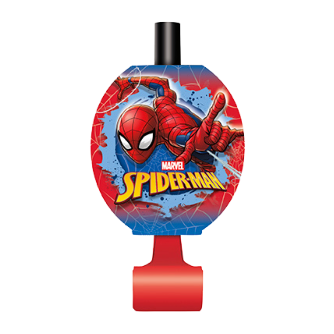 Red blue Spider Man blowout noisemaker with web and hero print for birthday from Parte Haus party supply store in Bethesda MD