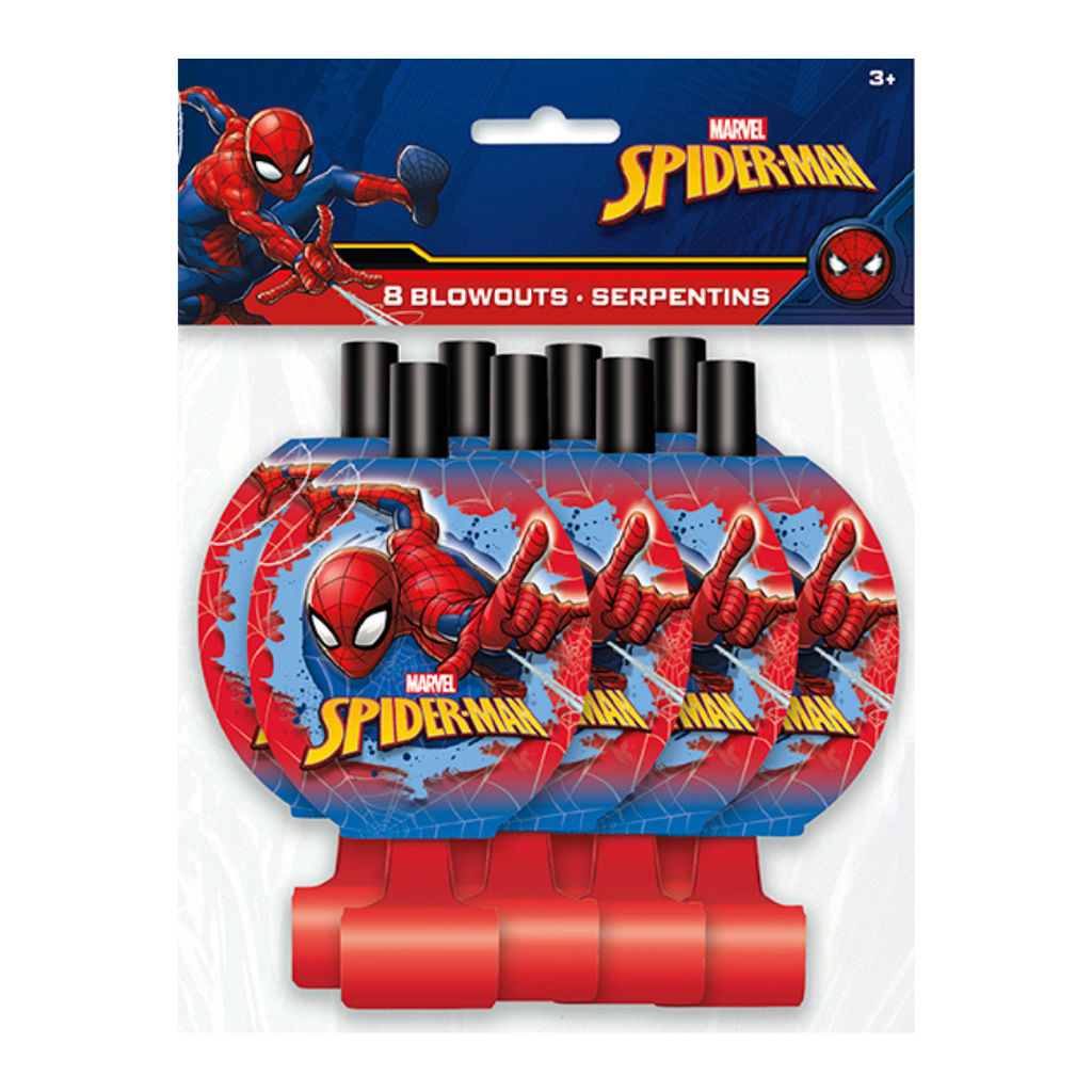 Red blue Spider-Man blowouts with comic graphics for kids birthday from Parte Haus party supply store in Bethesda MD