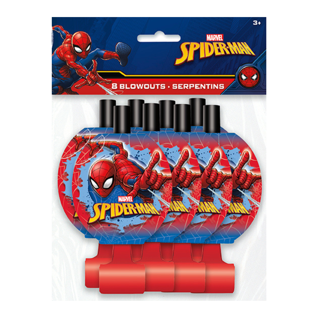Red blue Spider-Man blowouts with comic graphics for kids birthday from Parte Haus party supply store in Bethesda MD
