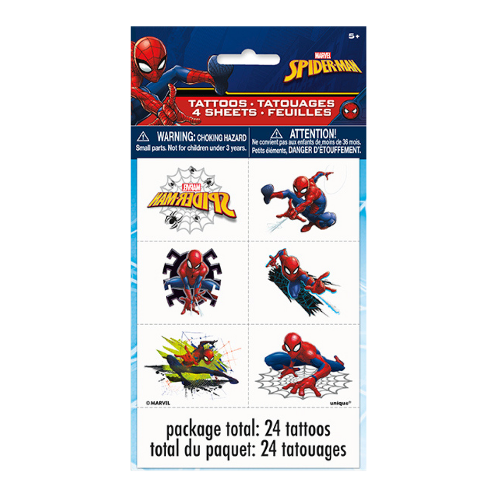 Red blue Spider Man temporary tattoos superhero theme from Parte Haus party supply store in Bethesda Maryland
