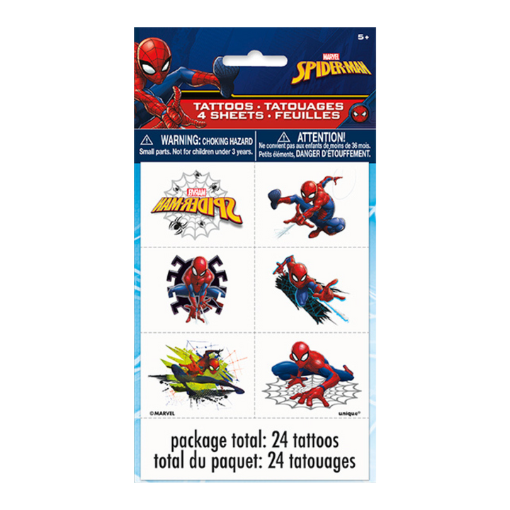 Red blue Spider Man temporary tattoos superhero theme from Parte Haus party supply store in Bethesda Maryland