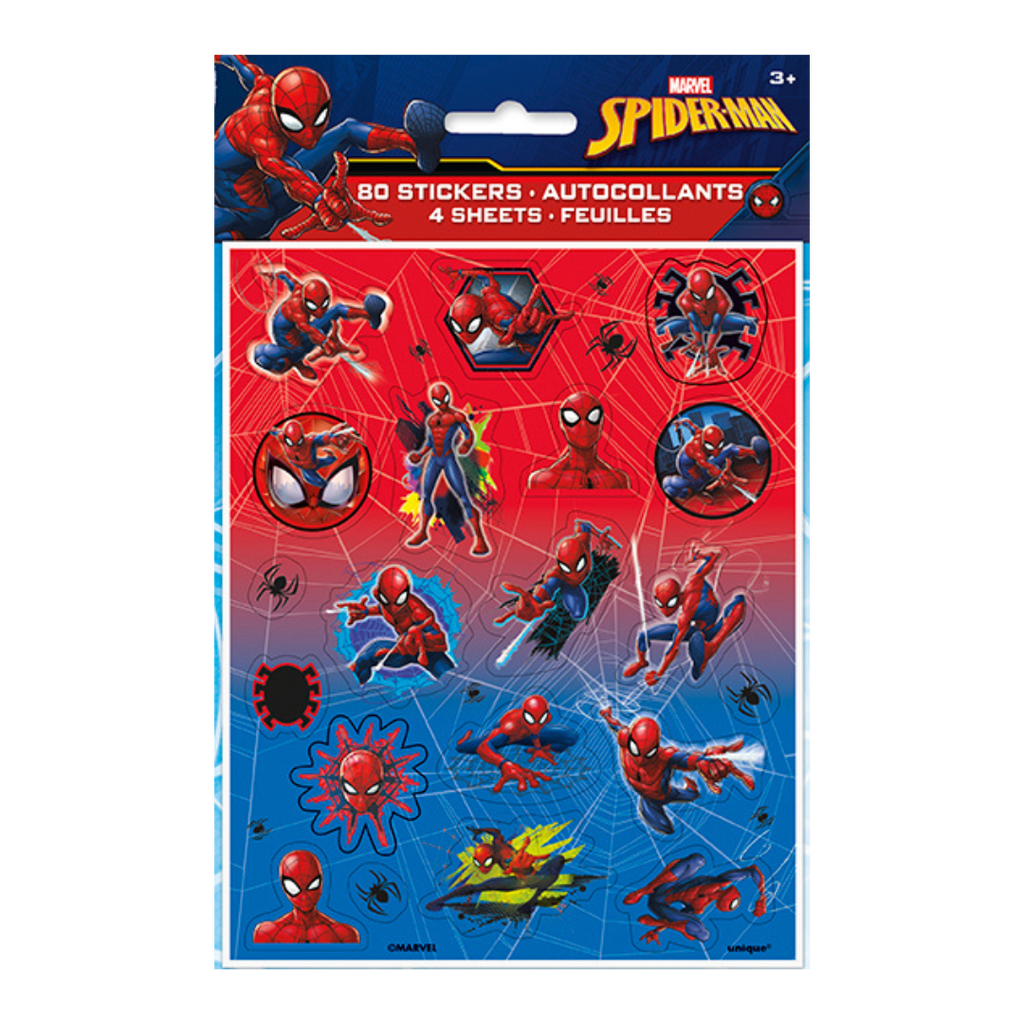 Red and blue Spiderman sticker sheet for superhero birthday from Parte Haus party supply store in Bethesda MD