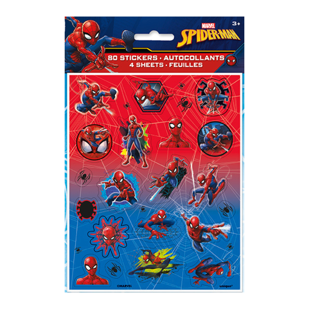 Red and blue Spiderman sticker sheet for superhero birthday from Parte Haus party supply store in Bethesda MD