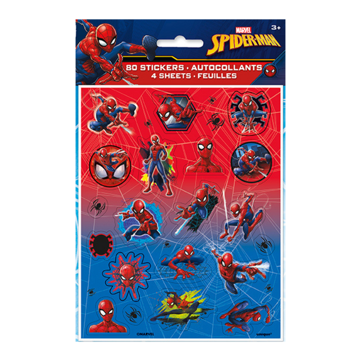 Red and blue Spiderman sticker sheet for superhero birthday from Parte Haus party supply store in Bethesda MD