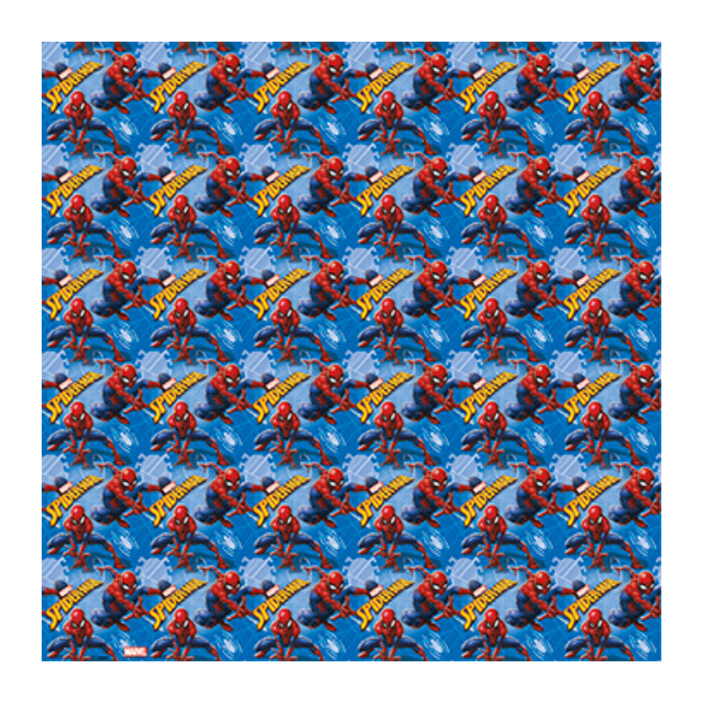Blue Spiderman gift wrap with superhero print for kids birthday from Parte Haus party supply store in Bethesda MD