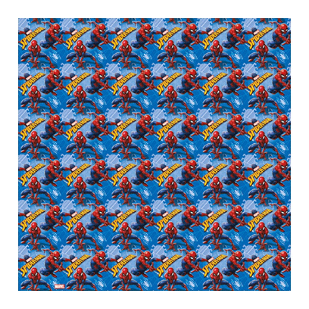 Blue Spiderman gift wrap with superhero print for kids birthday from Parte Haus party supply store in Bethesda MD