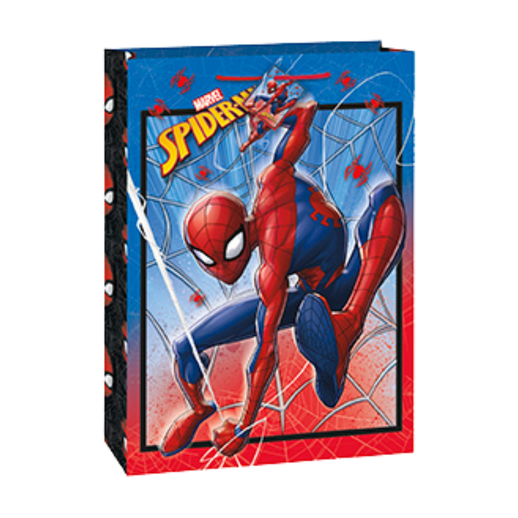 Red blue Spider Man gift bag with web and hero graphic birthday from Parte Haus party supply store in Bethesda MD