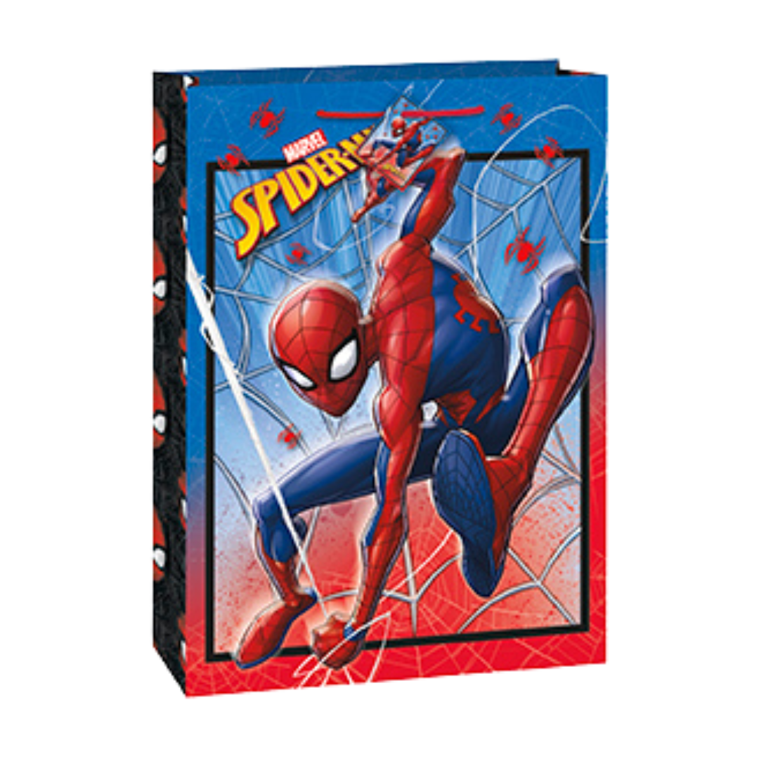 Red blue Spider Man gift bag with web and hero graphic birthday from Parte Haus party supply store in Bethesda MD