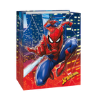 red and blue Spiderman gift bag with comic city scene for birthday from Parte Haus party supply store in Bethesda MD