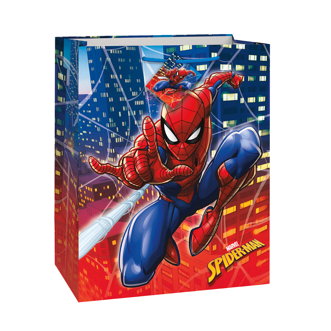 red and blue Spiderman gift bag with comic city scene for birthday from Parte Haus party supply store in Bethesda MD