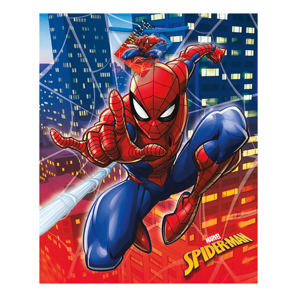 Red and blue Spiderman table cover with web and city scene birthday theme from Parte Haus party supply store in Bethesda MD