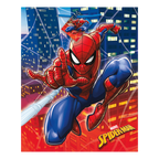 Red and blue Spiderman table cover with web and city scene birthday theme from Parte Haus party supply store in Bethesda MD