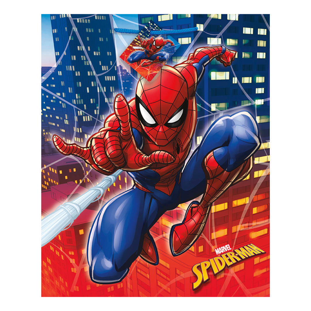 Red and blue Spiderman table cover with web and city scene birthday theme from Parte Haus party supply store in Bethesda MD