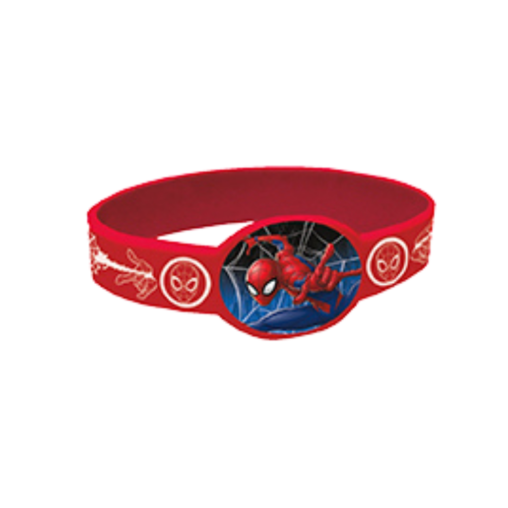 Red Spiderman wristband with web graphics birthday theme from Parte Haus party supply store in Bethesda Maryland