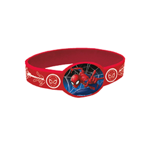 Red Spiderman wristband with web graphics birthday theme from Parte Haus party supply store in Bethesda Maryland