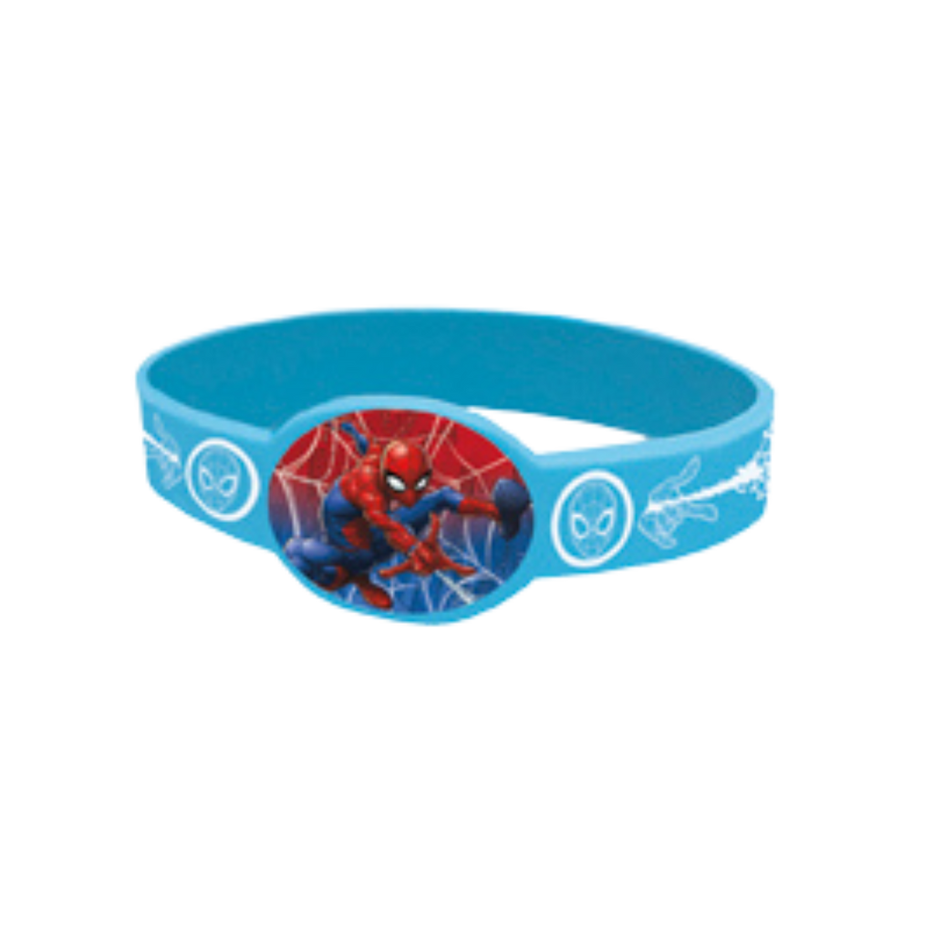 Blue Spiderman slap bracelet with web design for superhero birthday from Parte Haus party supply store in Bethesda MD