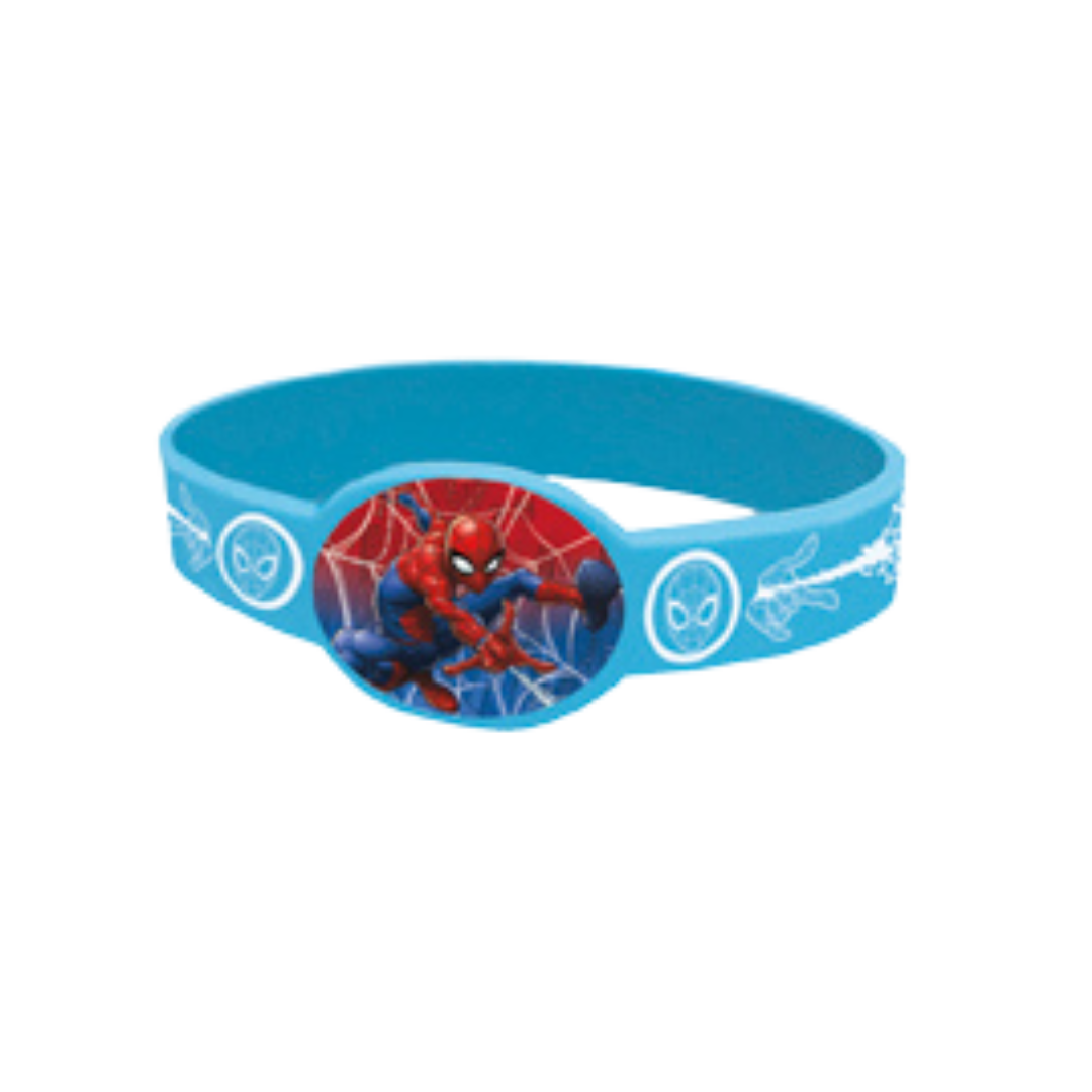 Blue Spiderman slap bracelet with web design for superhero birthday from Parte Haus party supply store in Bethesda MD