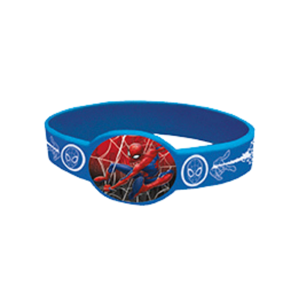 Blue Spiderman bracelet with web and mask design for superhero birthday from Parte Haus party supply store in Bethesda MD