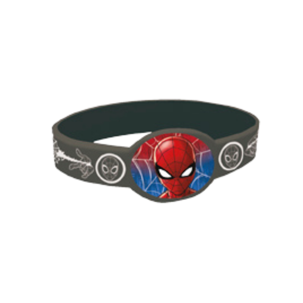 Black Spiderman bracelet with web and mask designs for superhero birthday from Parte Haus party supply store in Bethesda MD