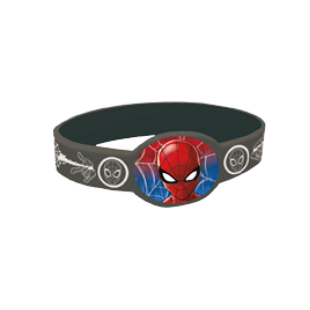 Black Spiderman bracelet with web and mask designs for superhero birthday from Parte Haus party supply store in Bethesda MD