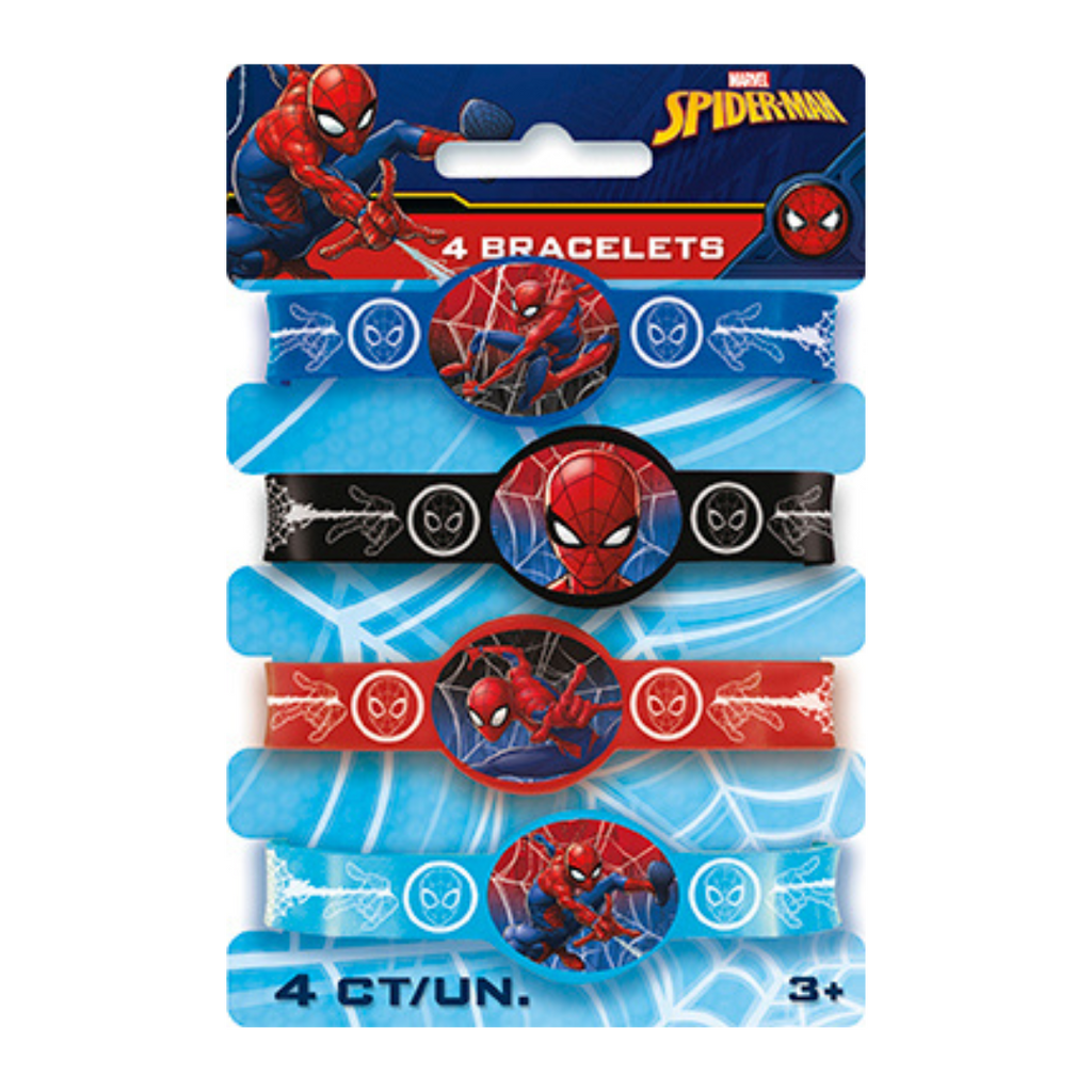 Red black and blue Spiderman bracelets kids superhero birthday theme from Parte Haus party supply store in Bethesda MD.