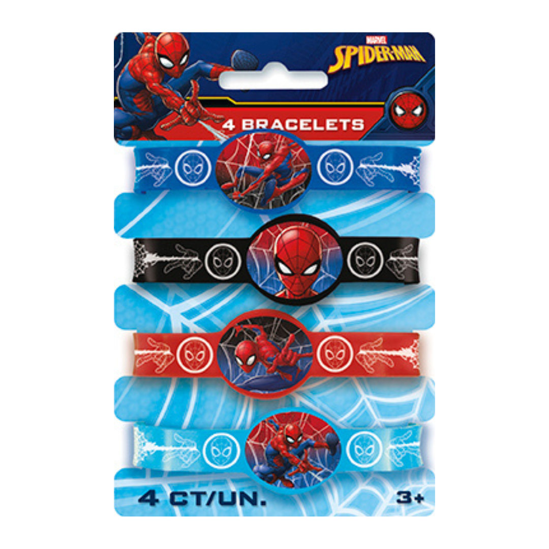 Red black and blue Spiderman bracelets kids superhero birthday theme from Parte Haus party supply store in Bethesda MD.