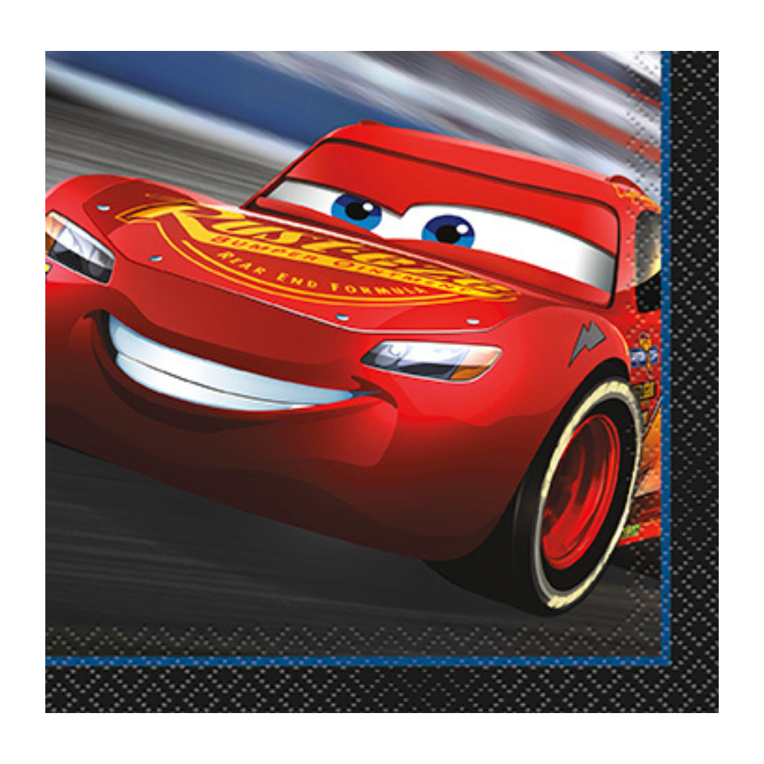 Red Cars napkin with Lightning McQueen racing design birthday theme from Parte Haus party supply store in Bethesda Maryland