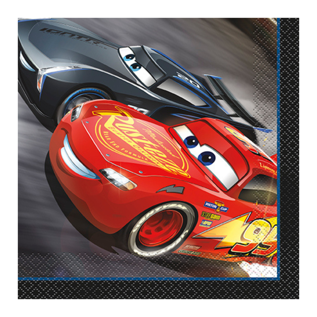 Red and black Cars napkin with racing car design birthday theme from Parte Haus party supply store in Bethesda MD