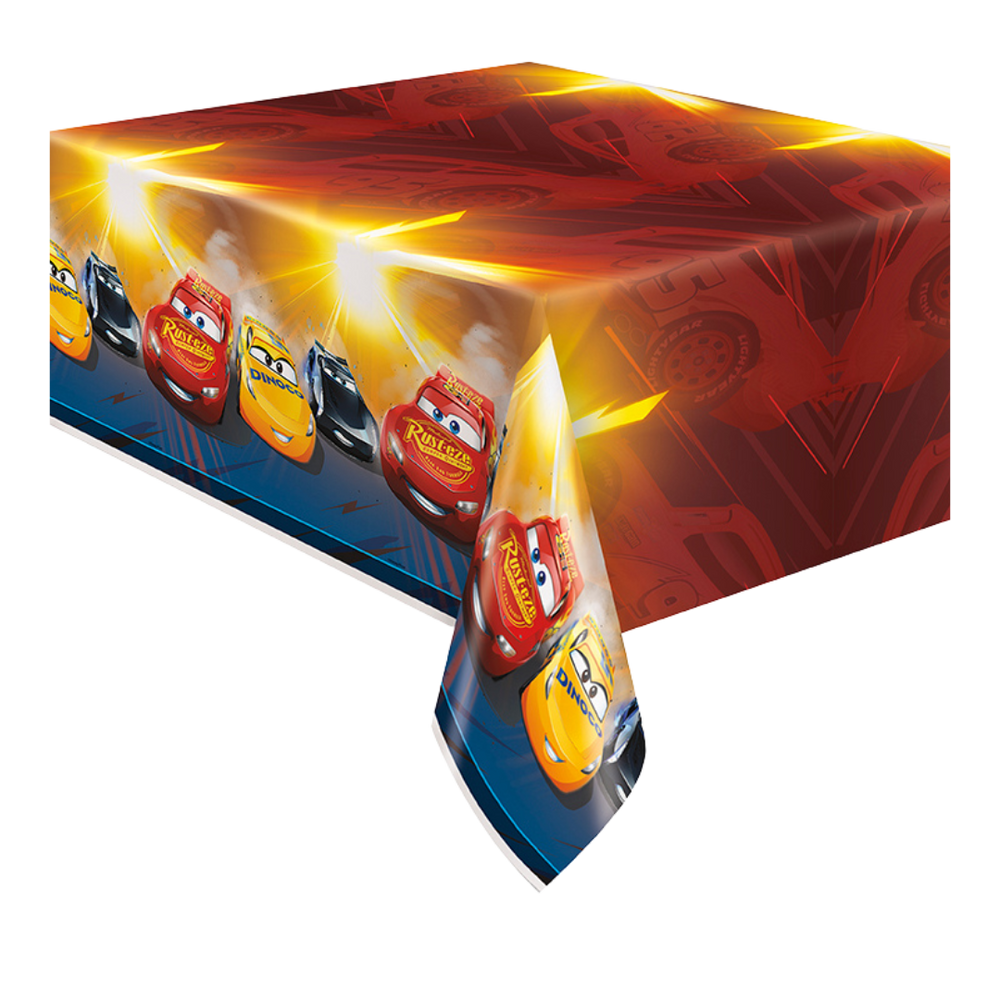 Red and yellow Cars themed table cover with cartoon cars for kids birthday from Parte Haus party supply store in Bethesda MD.