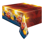 Red and yellow Cars themed table cover with cartoon cars for kids birthday from Parte Haus party supply store in Bethesda MD.