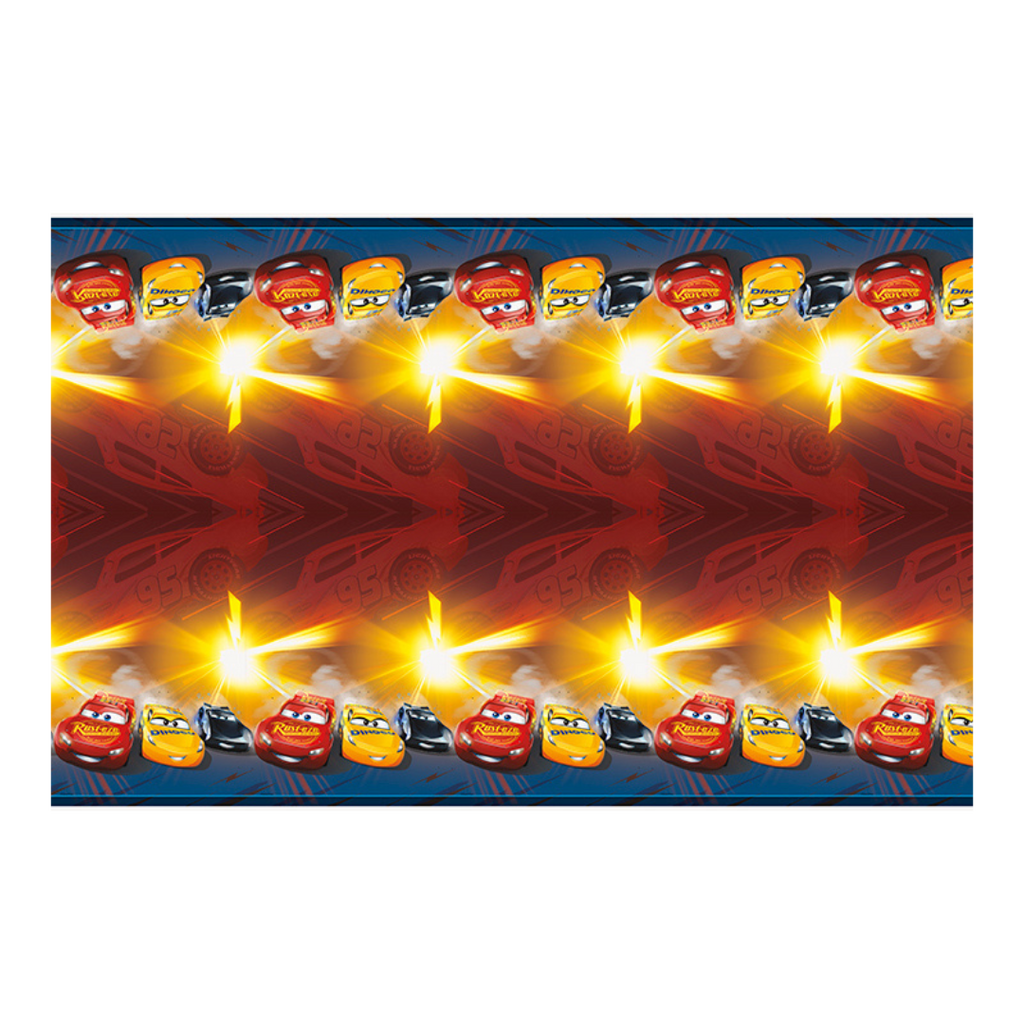Red and yellow race car table cover with cartoon car design Cars birthday theme from Parte Haus party supply store in Bethesda MD