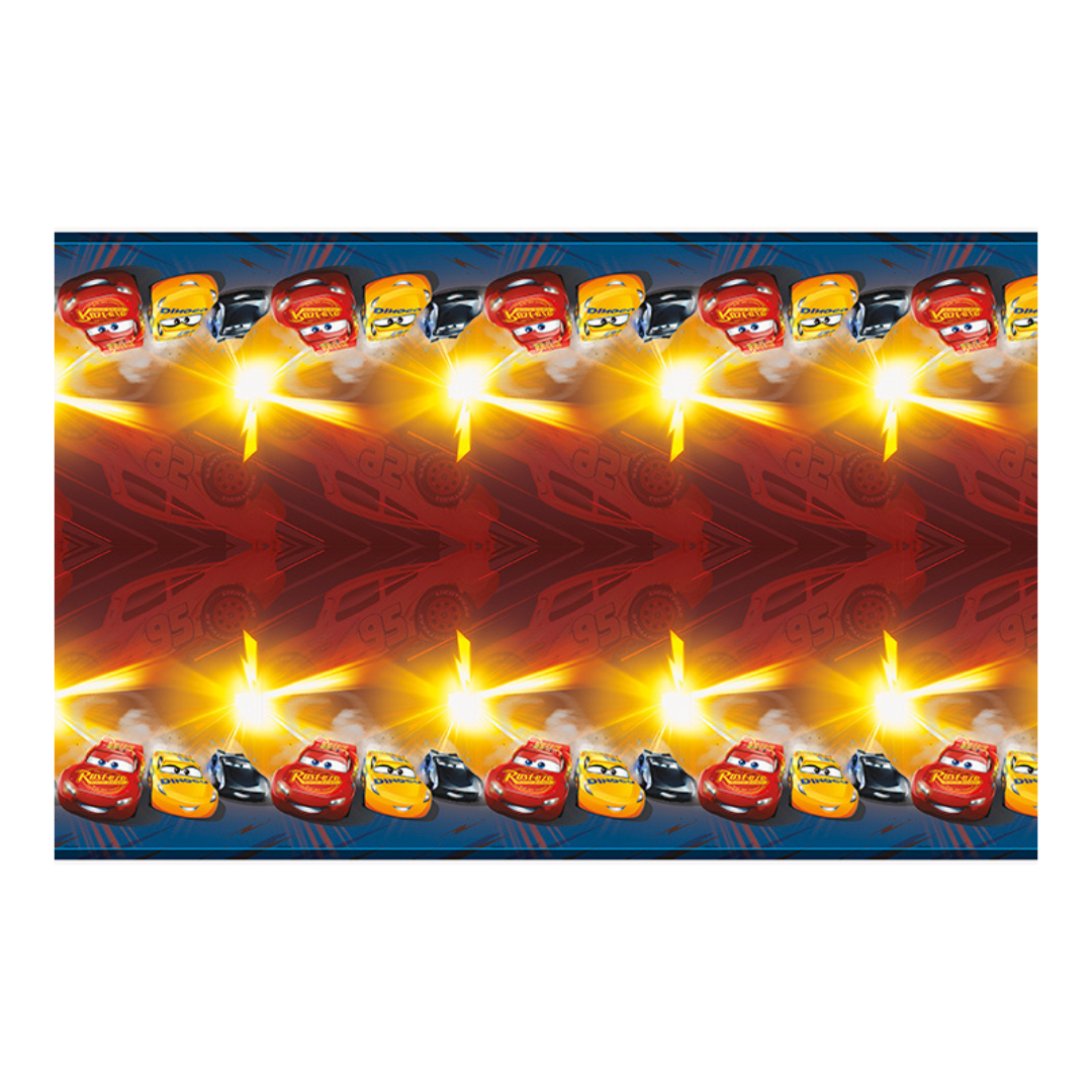 Red and yellow race car table cover with cartoon car design Cars birthday theme from Parte Haus party supply store in Bethesda MD