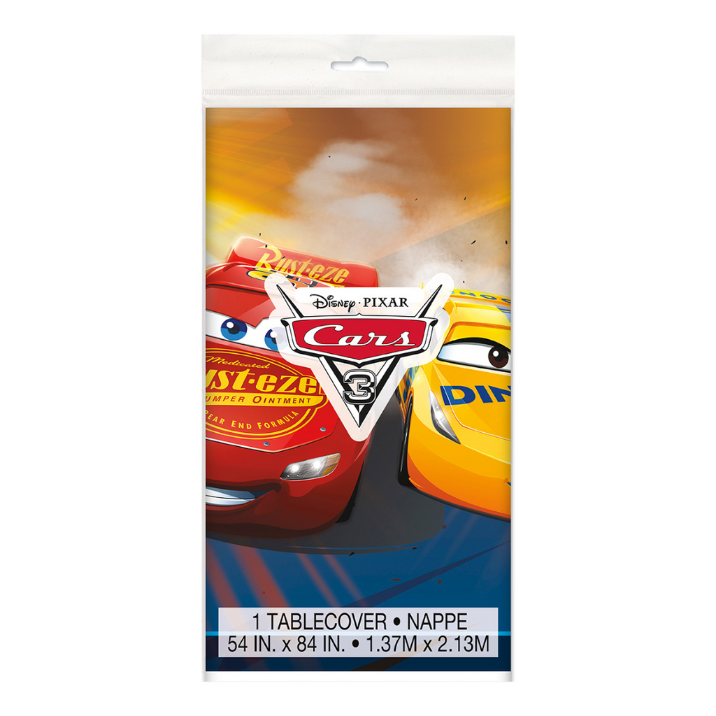 Red and yellow Disney Cars tablecover with racing car graphics birthday theme from Parte Haus party supply store in Bethesda MD