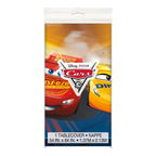 Red and yellow Disney Cars tablecover with racing car graphics birthday theme from Parte Haus party supply store in Bethesda MD