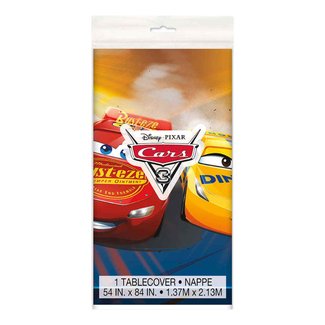 Red and yellow Disney Cars tablecover with racing car graphics birthday theme from Parte Haus party supply store in Bethesda MD
