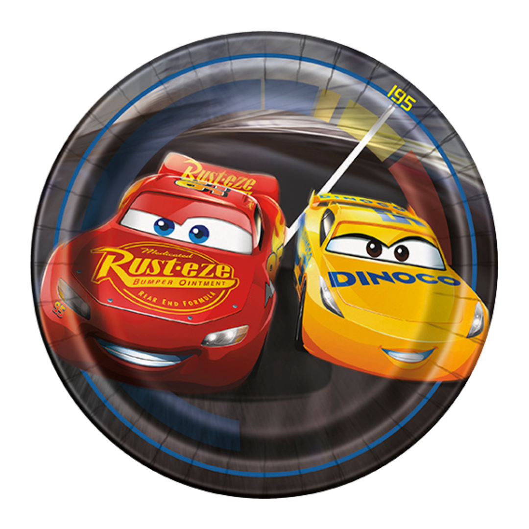 Red and yellow Cars character plate with racing theme for kids birthday from Parte Haus party supply store in Bethesda MD