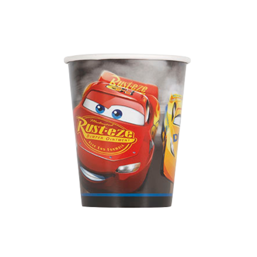 Red Cars themed paper cup with cartoon car graphics birthday from Parte Haus party supply store in Bethesda MD
