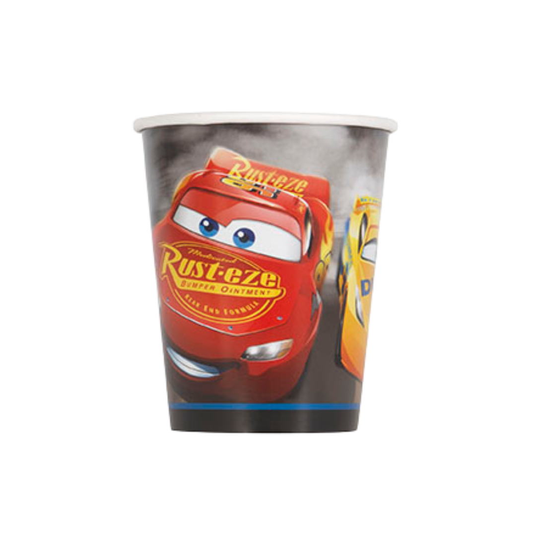 Red Cars themed paper cup with cartoon car graphics birthday from Parte Haus party supply store in Bethesda MD