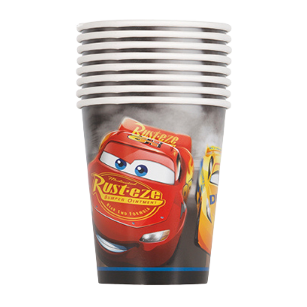 Red Cars themed paper cups with cartoon race cars for kids birthday from Parte Haus party supply store in Bethesda MD
