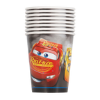 Red Cars themed paper cups with cartoon race cars for kids birthday from Parte Haus party supply store in Bethesda MD