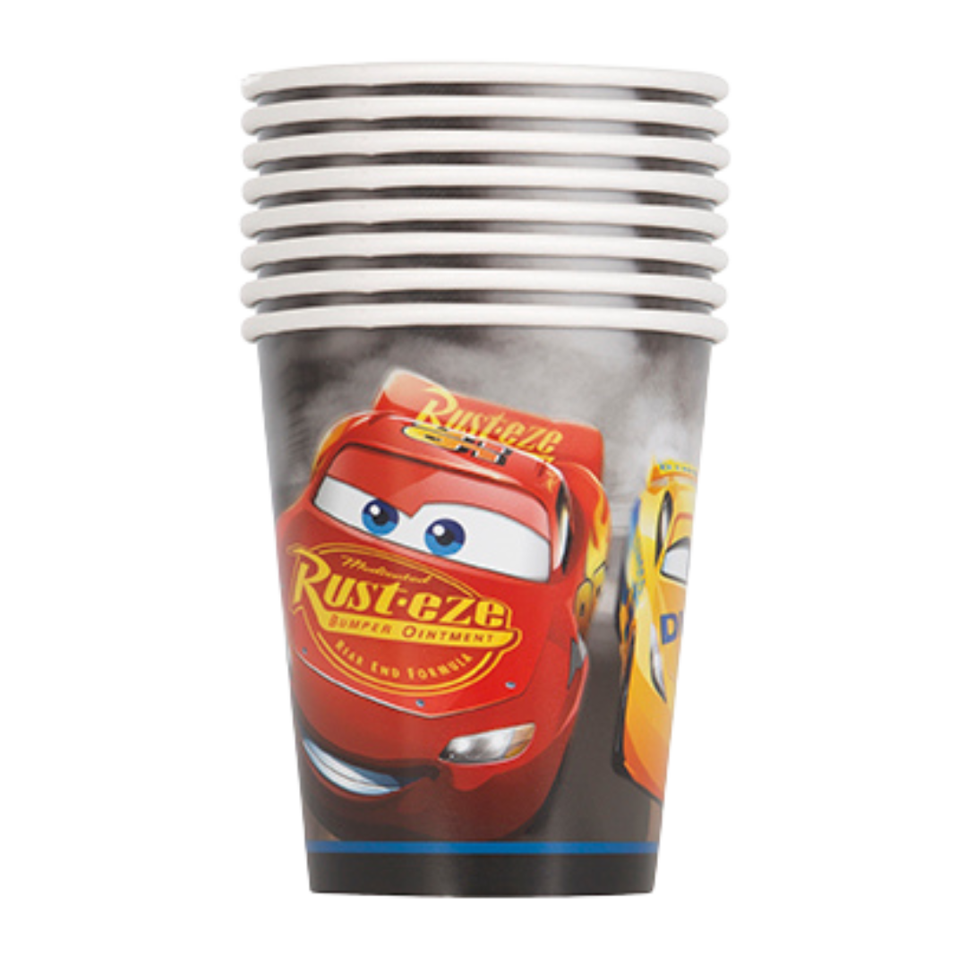 Red Cars themed paper cups with cartoon race cars for kids birthday from Parte Haus party supply store in Bethesda MD
