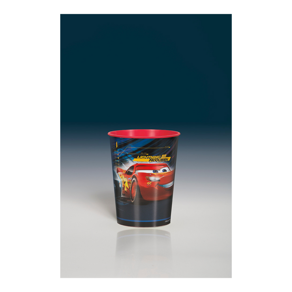 Red and black Cars plastic cup with Lightning McQueen graphic birthday theme from Parte Haus party supply store in Bethesda MD