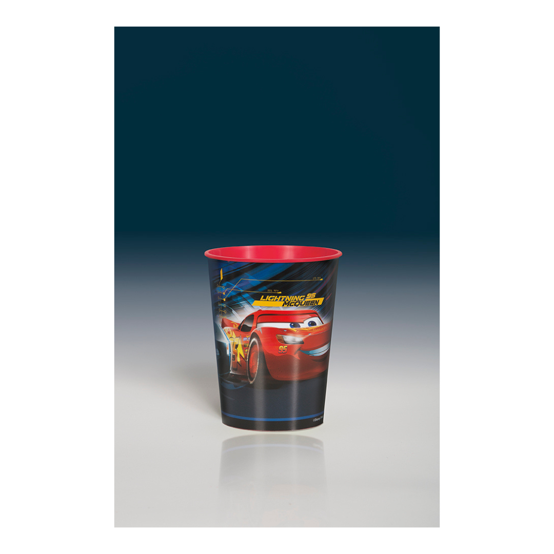 Red and black Cars plastic cup with Lightning McQueen graphic birthday theme from Parte Haus party supply store in Bethesda MD