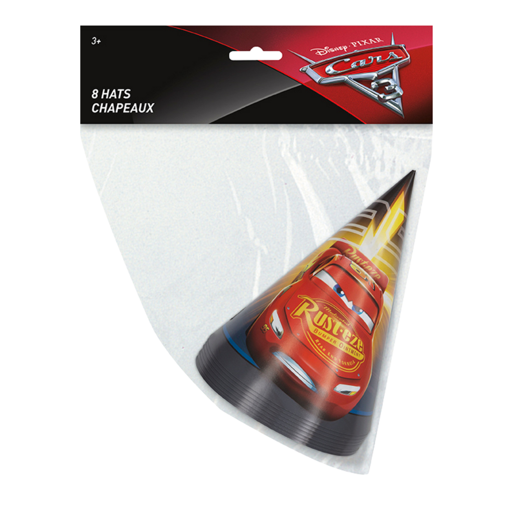 Red Cars cone hats featuring Lightning McQueen birthday theme from Parte Haus party supply store in Bethesda MD