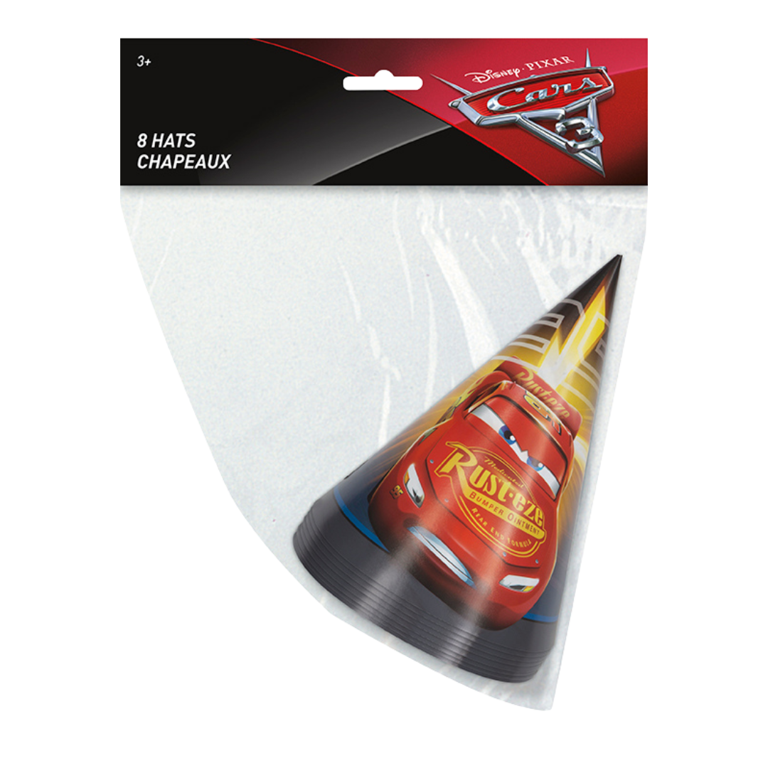 Red Cars cone hats featuring Lightning McQueen birthday theme from Parte Haus party supply store in Bethesda MD