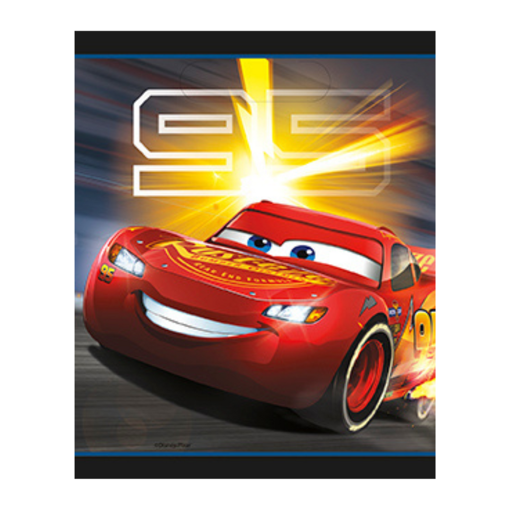 Red Cars themed napkin with lightning and racing design for birthday from Parte Haus party supply store in Bethesda MD
